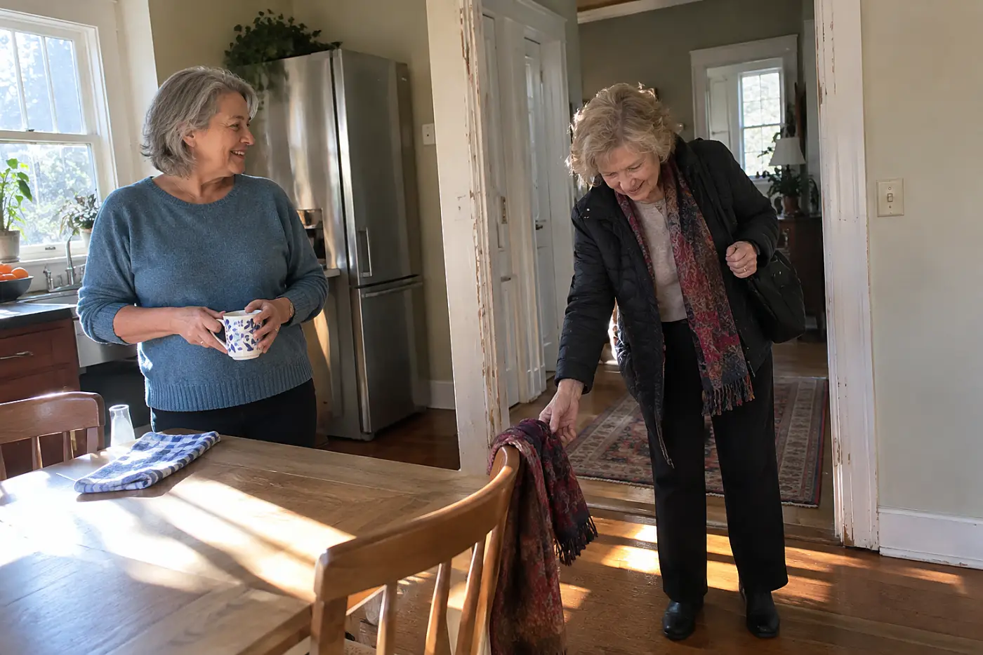 Older woman speaking with her sister beside a kitchen table after a visit.