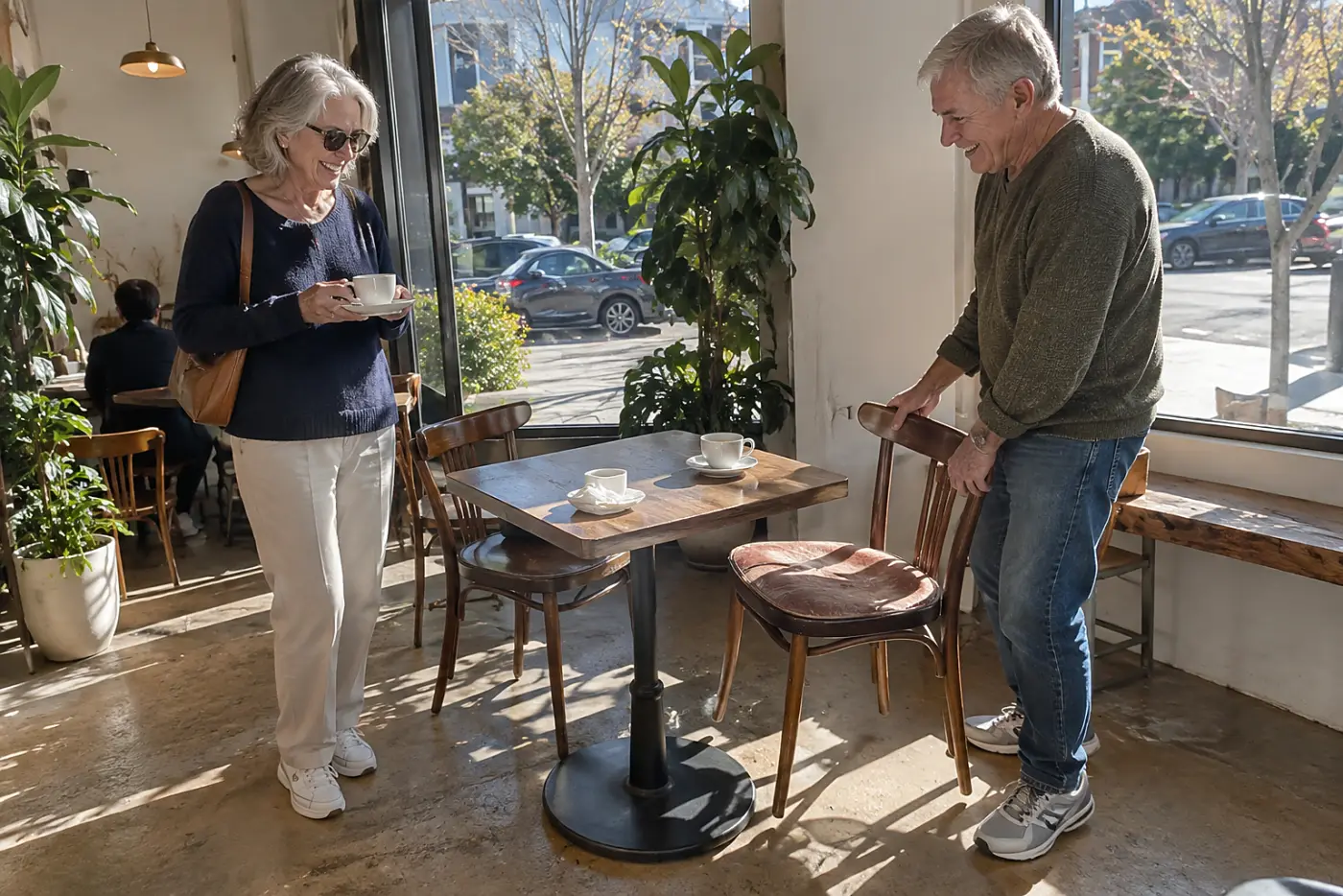 Older woman meeting her sibling for coffee at a neighborhood cafe.