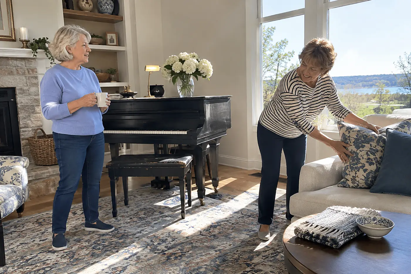 Older woman sitting beside a piano while talking with her sister at home.
