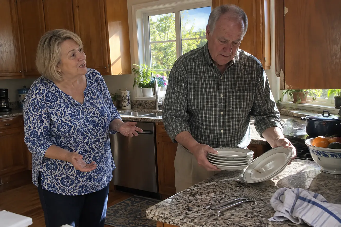 Older woman speaking to her brother after a family dinner in the kitchen.