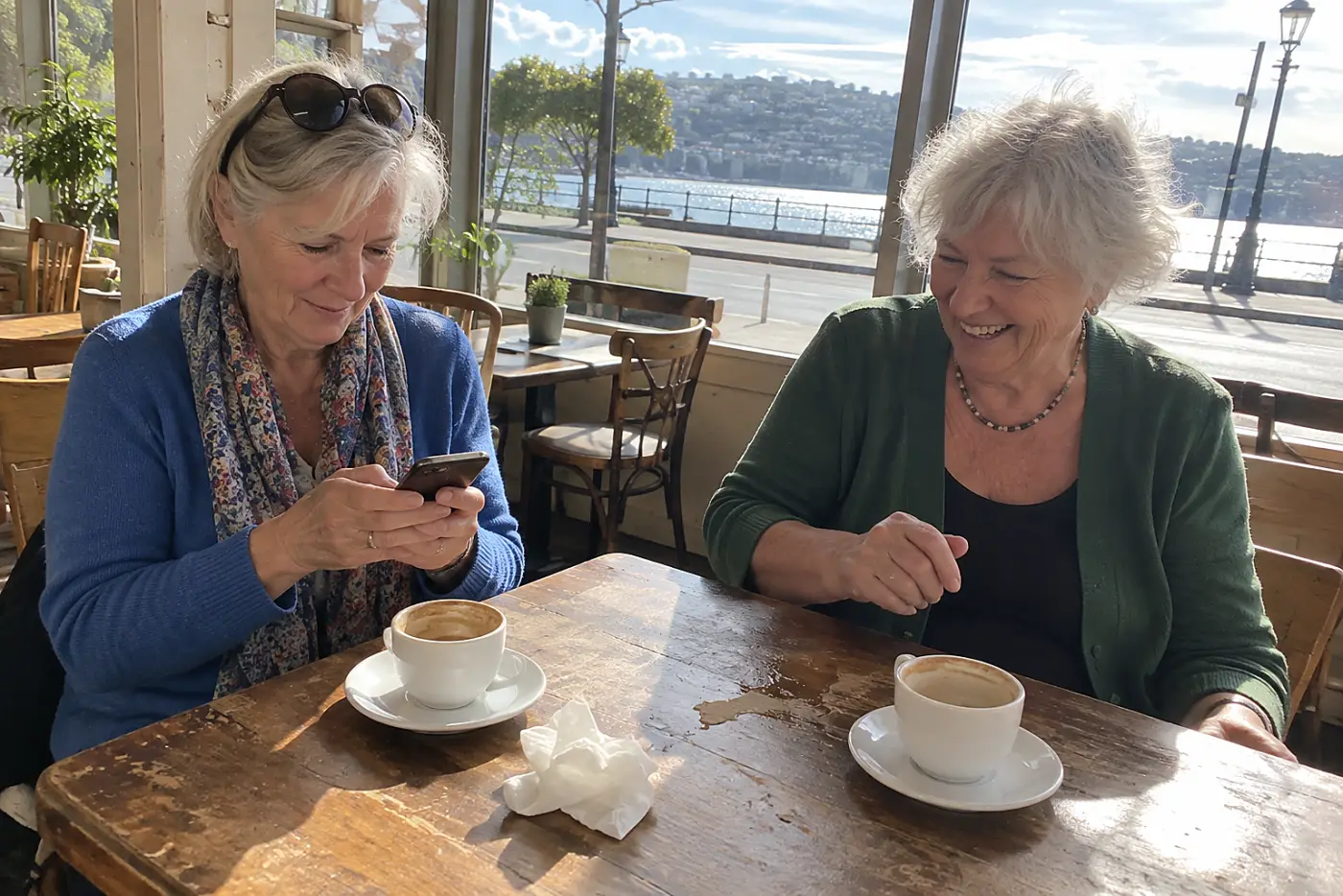 Older woman composing a message on her phone at a cafe table.