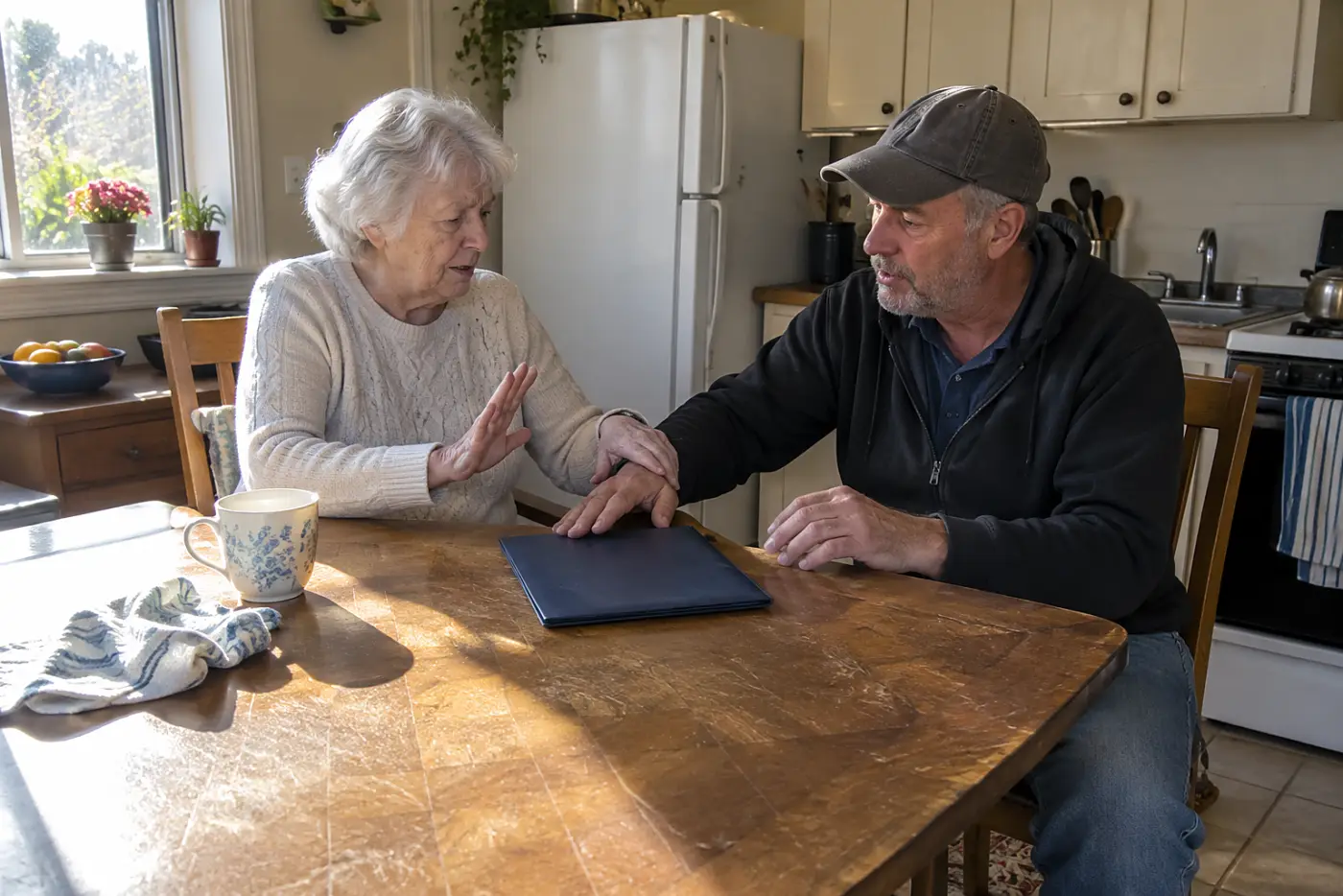 Older woman reading a written agreement with a helper at her kitchen table.