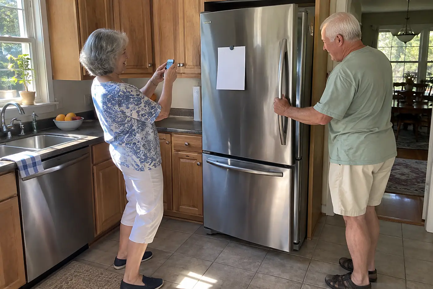 Older woman photographing a grocery list on her refrigerator.