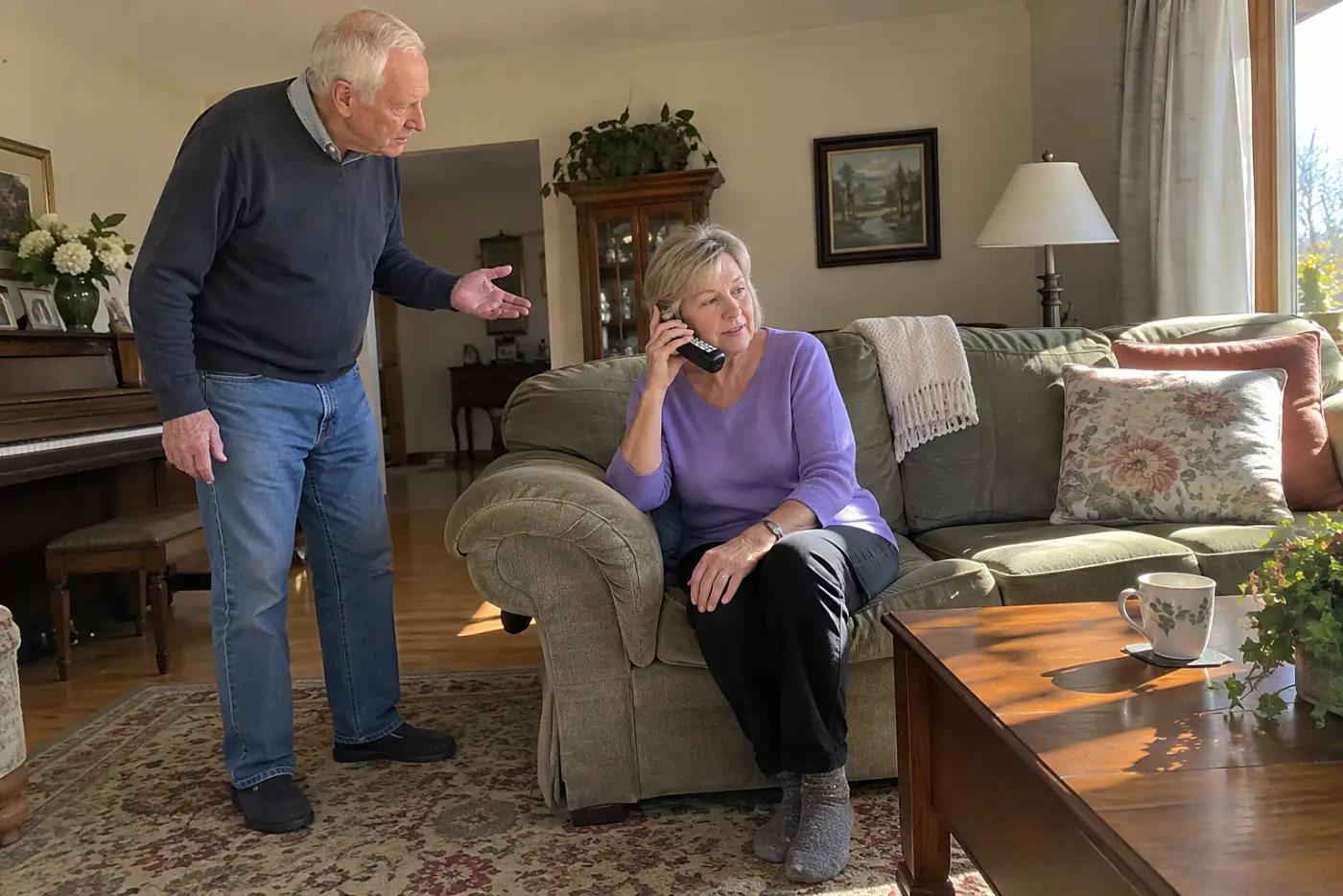 Older woman listening to a voicemail on an old phone in her living room.
