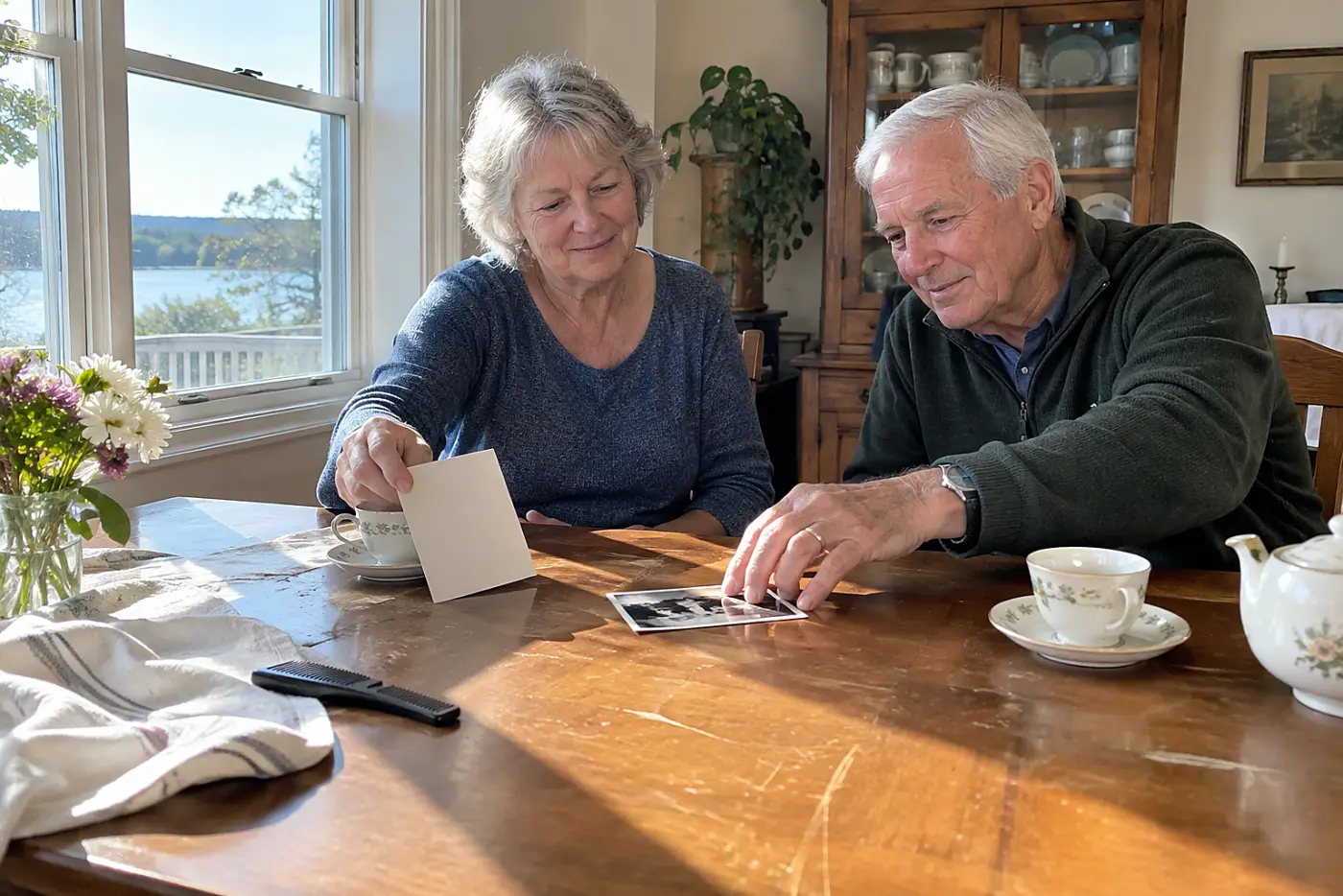 Older woman placing a name card beside an old photograph at her table.