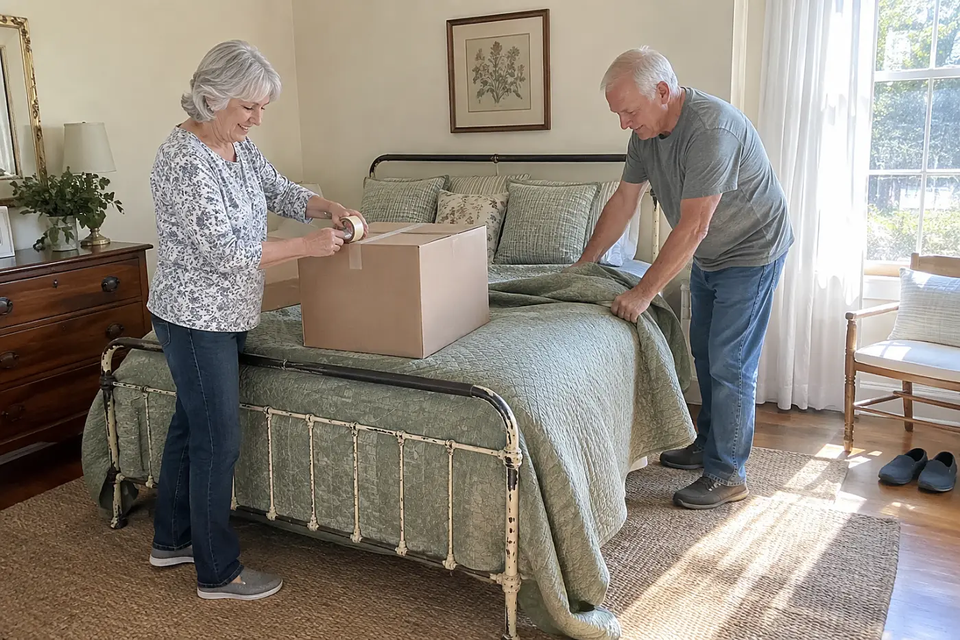 Older woman labeling a box on the guest bed.