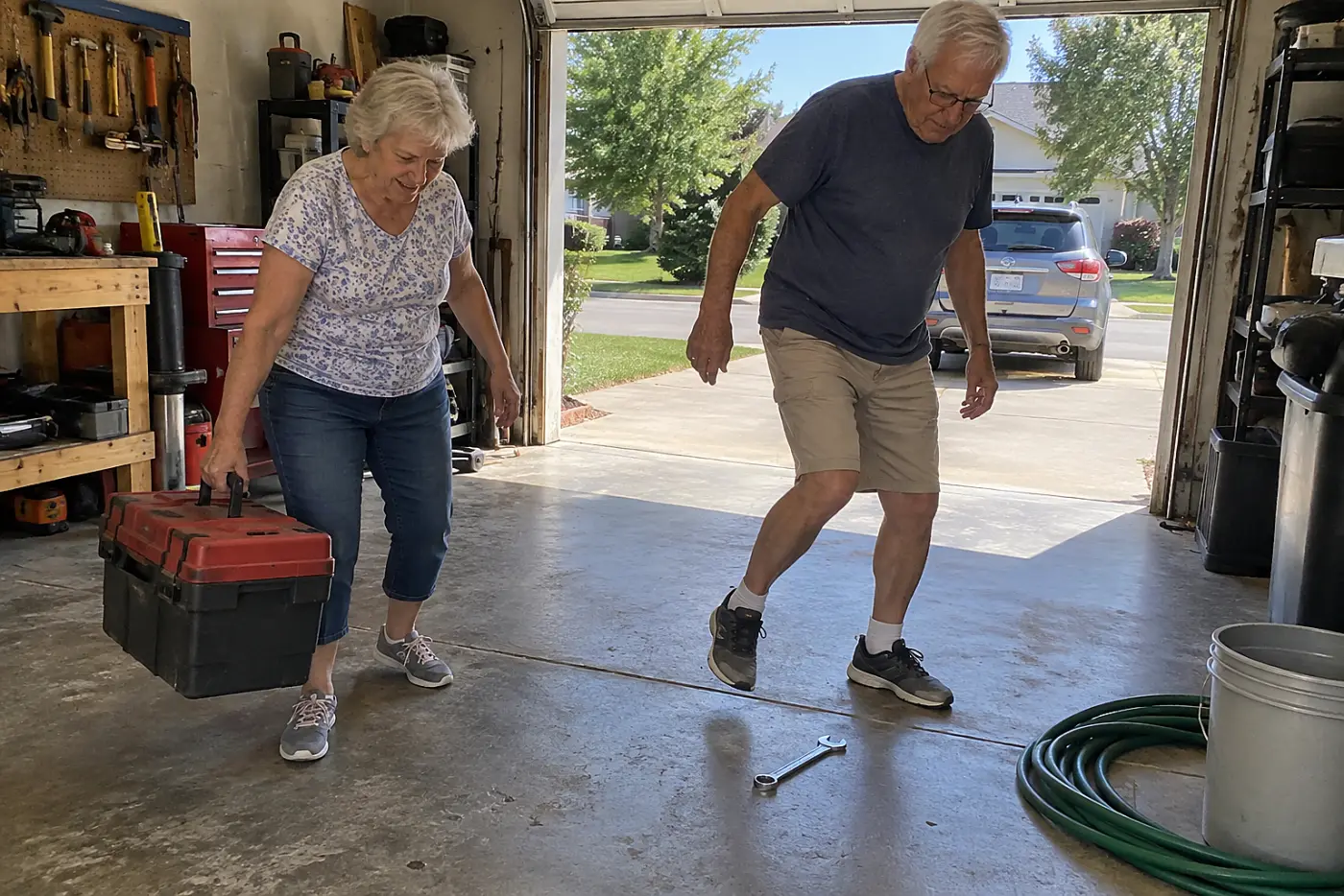 Older woman moving a toolbox off a walkway in her garage.