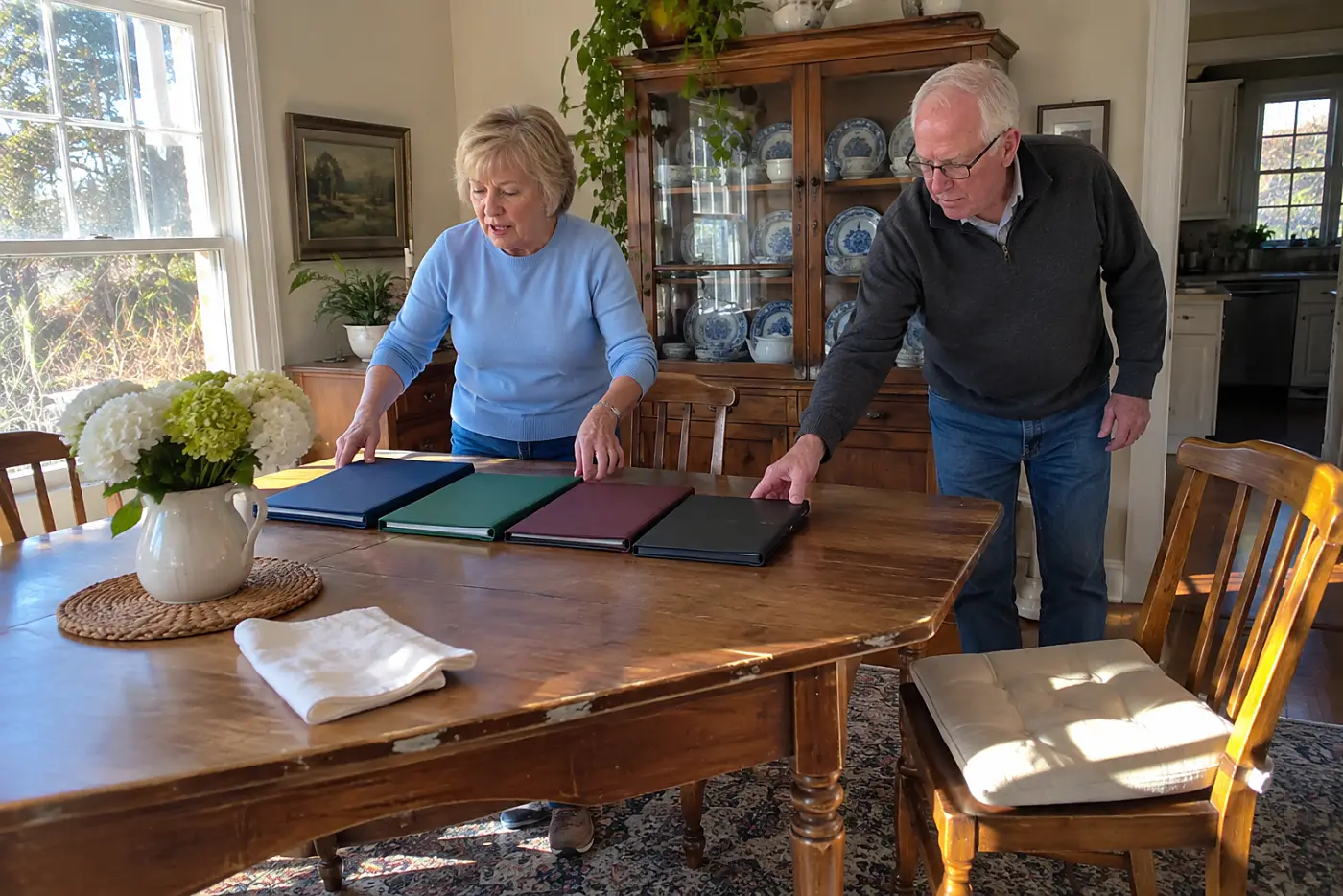 Older woman listing document titles from a folder at her dining table.
