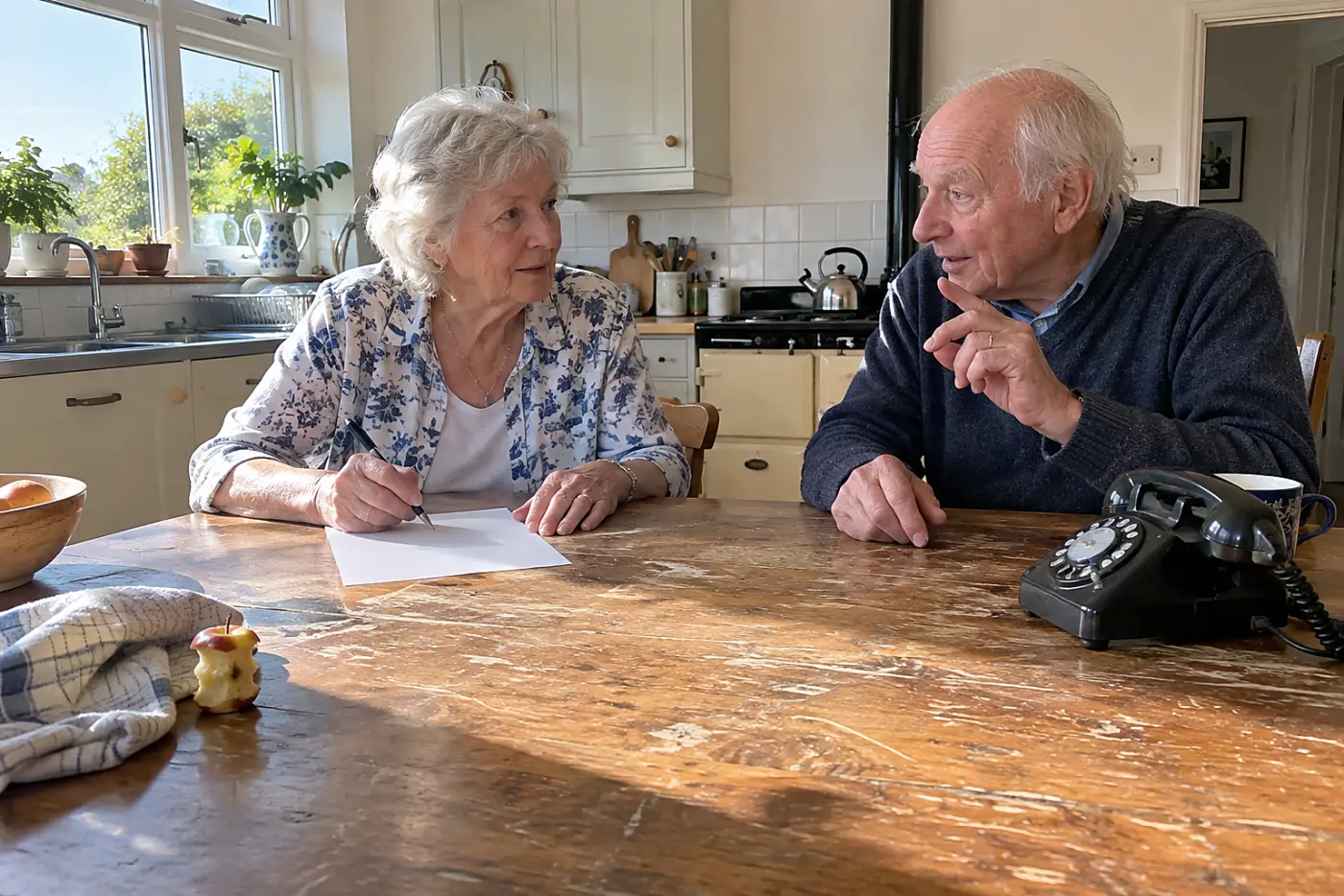 Older woman writing down a phone number beside an old phone at her kitchen table.