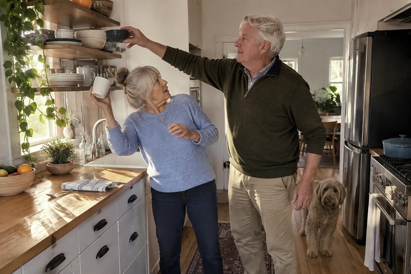 Older woman setting a clean mug on an open kitchen shelf.