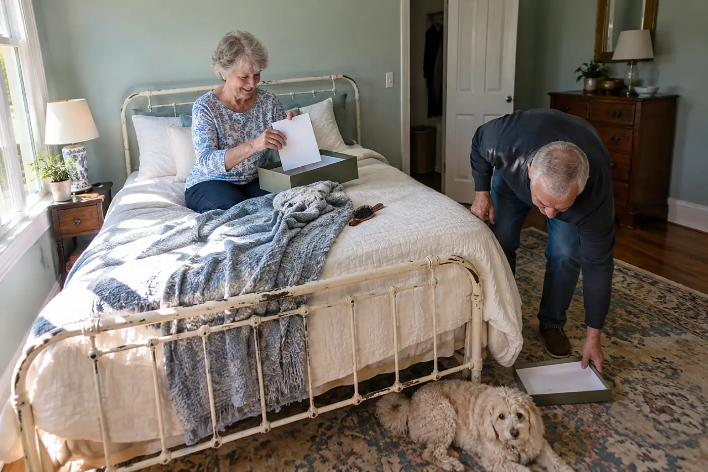 Older woman placing a handwritten note inside an empty gift box in her bedroom.