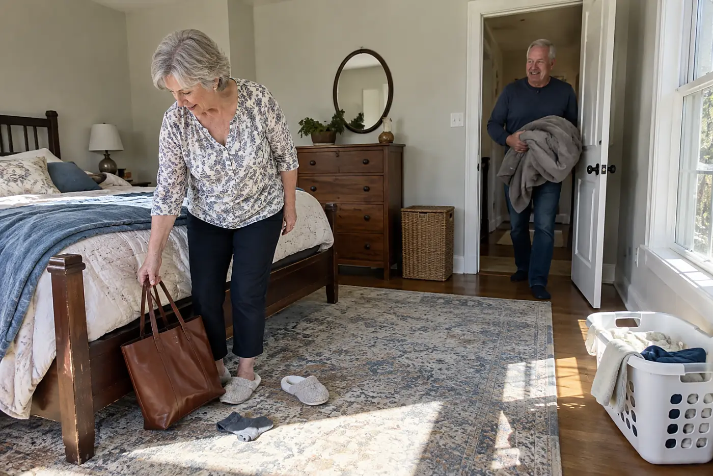 Older woman moving a bag away from the path beside her bed.