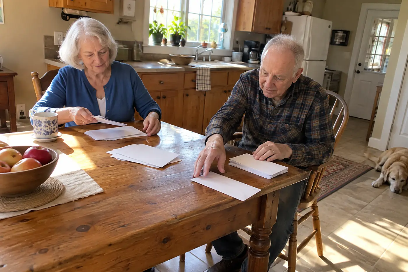 Older woman sorting envelopes by sender at her kitchen table.