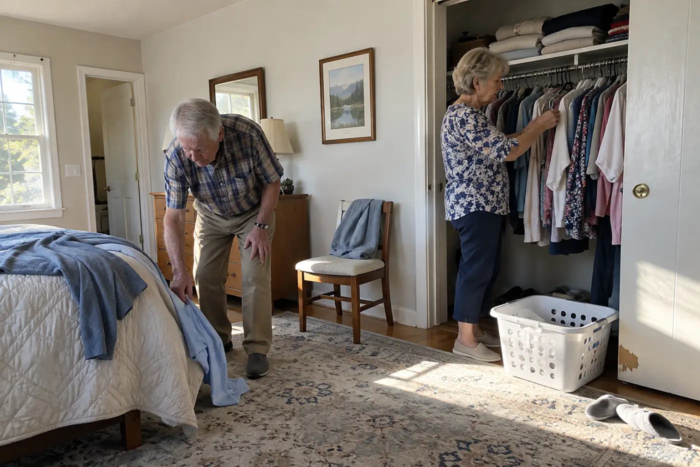 Older woman moving her blouses to one side of a bedroom closet.