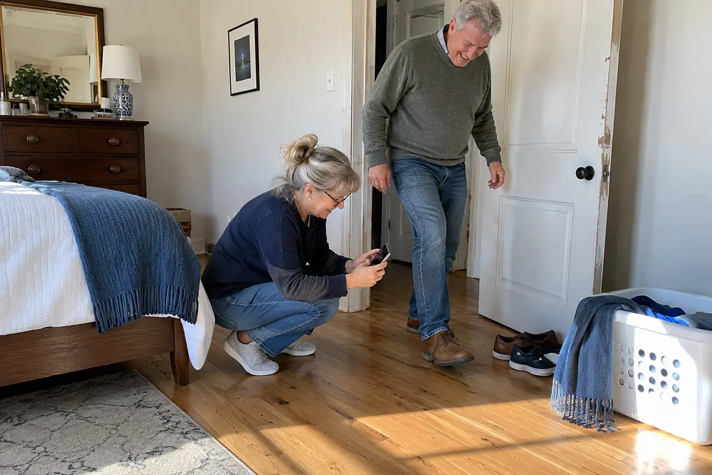 Older woman photographing men's shoes beside her bedroom door.