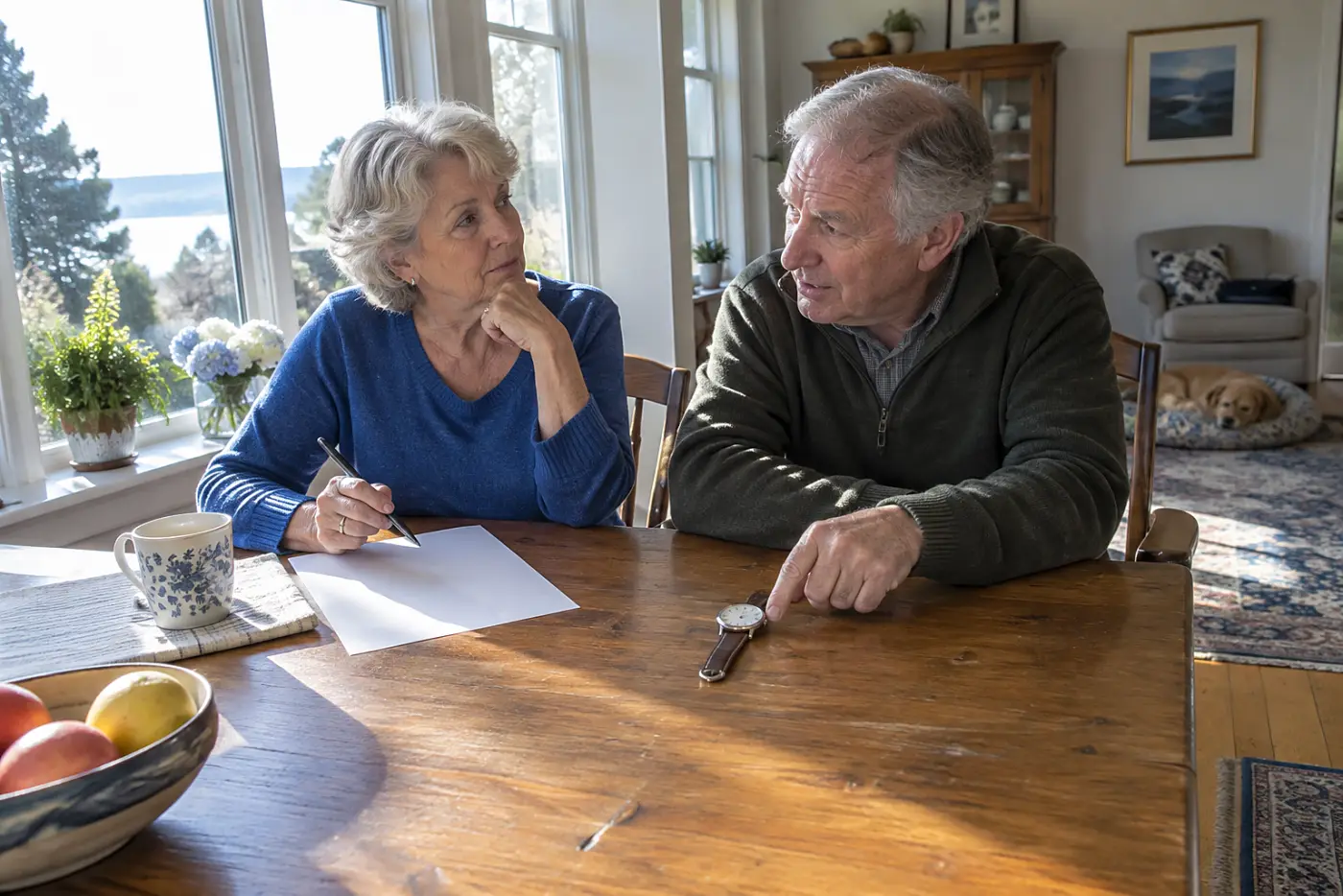 Older woman writing down a relative's request beside a watch at her table.