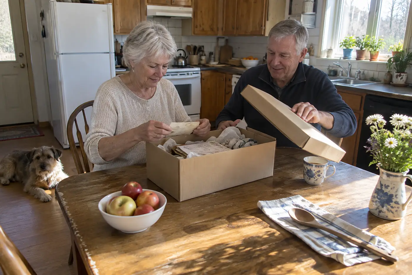 Older woman opening a cardboard box of childhood papers at her kitchen table.