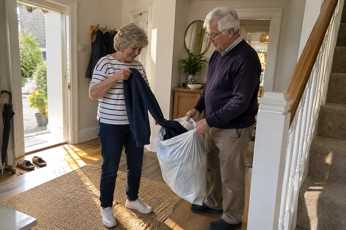 Older woman taking a sweater from a donation bag in her hallway.