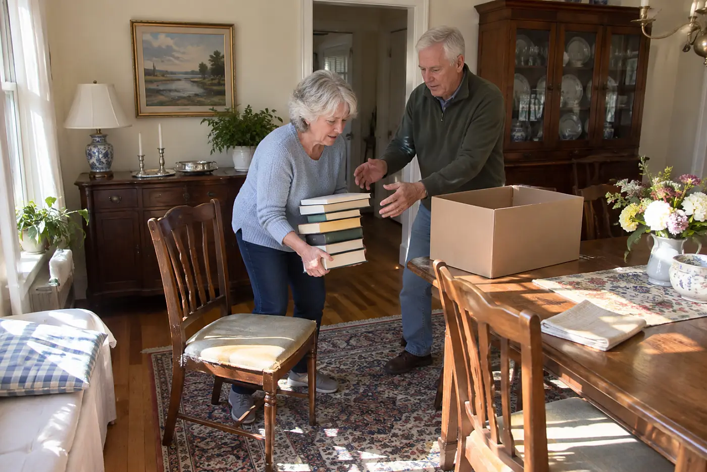 Older woman moving a stack of books from a dining chair into a box.