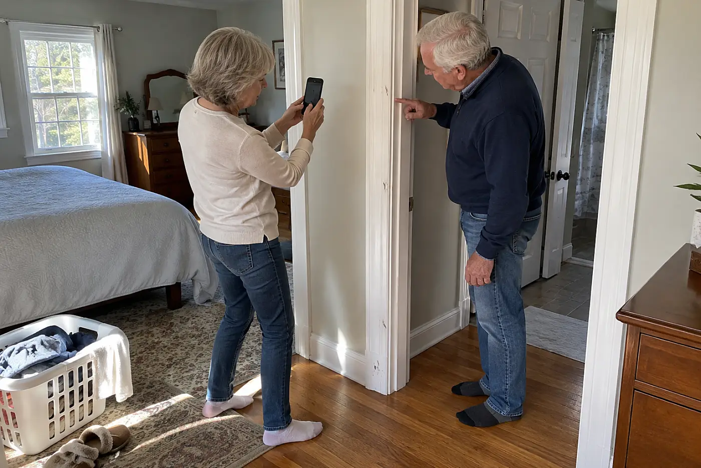 Older woman photographing pencil marks on a bedroom doorframe.