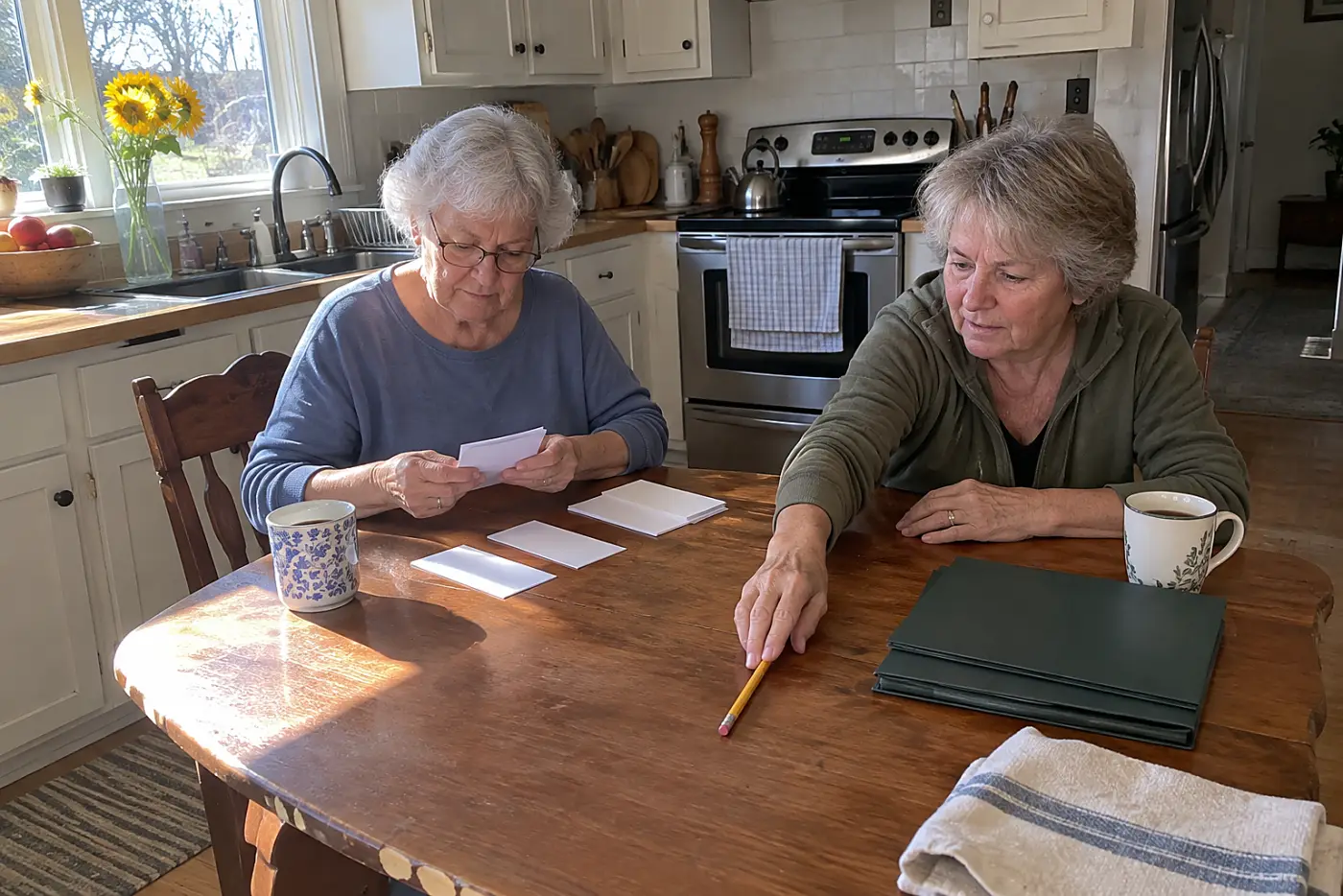 Older woman writing three pre-deposit balances on paper beside bank statements at home.
