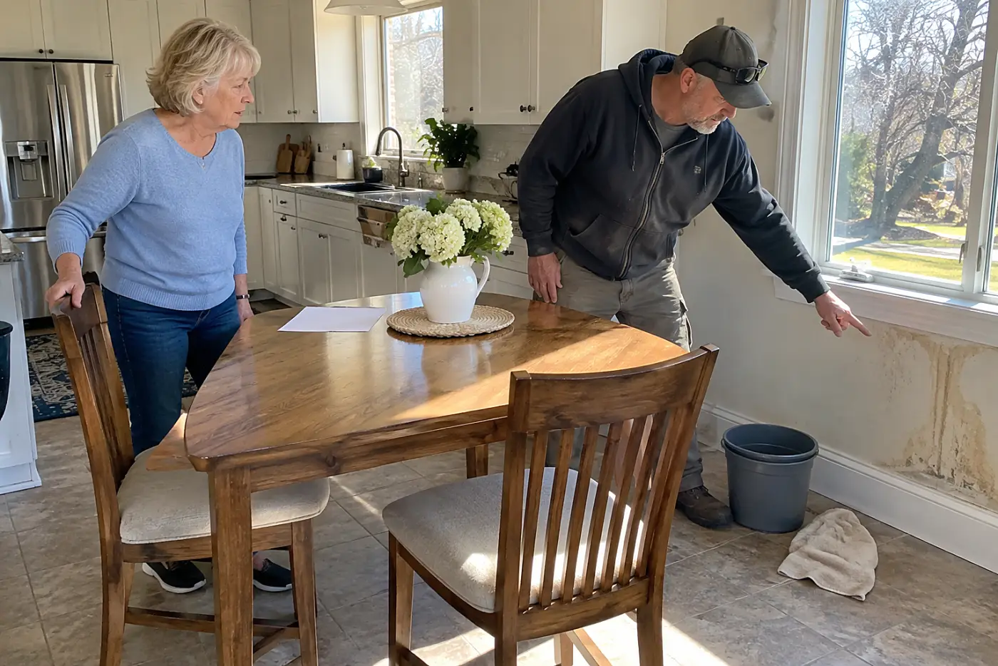 Older woman reviewing a repair estimate with a contractor in her kitchen.