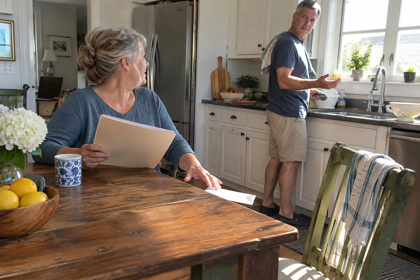 Older woman checking a retirement account statement beside her pay stub in her kitchen.