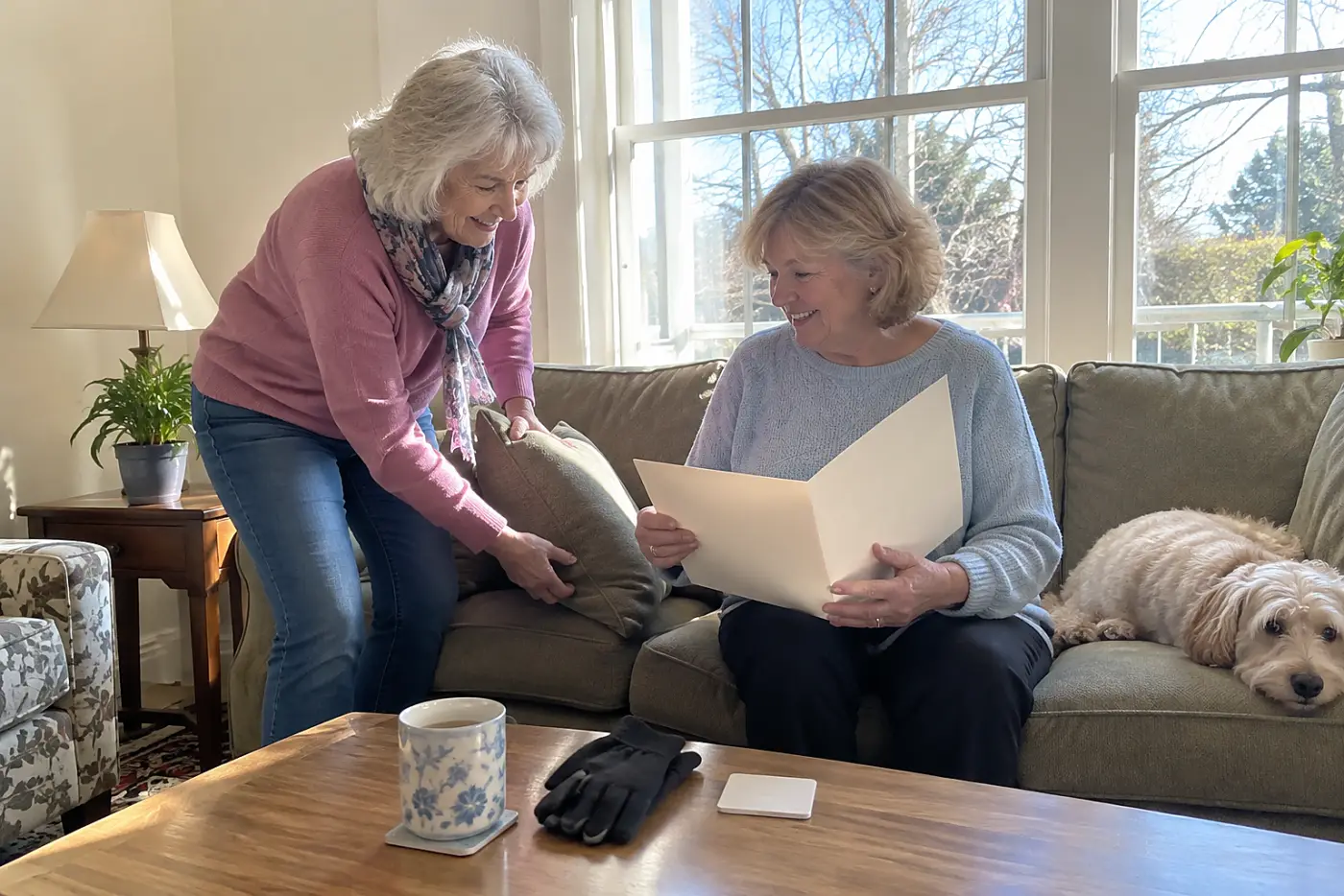 Older woman reading a health plan document beside her insurance card at home.