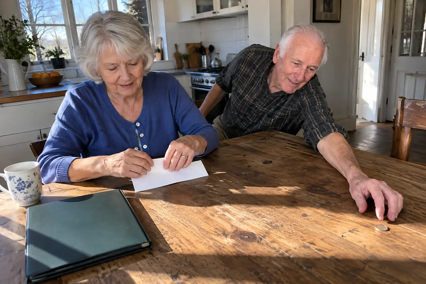 Older woman labeling an envelope for emergency savings at her kitchen table.