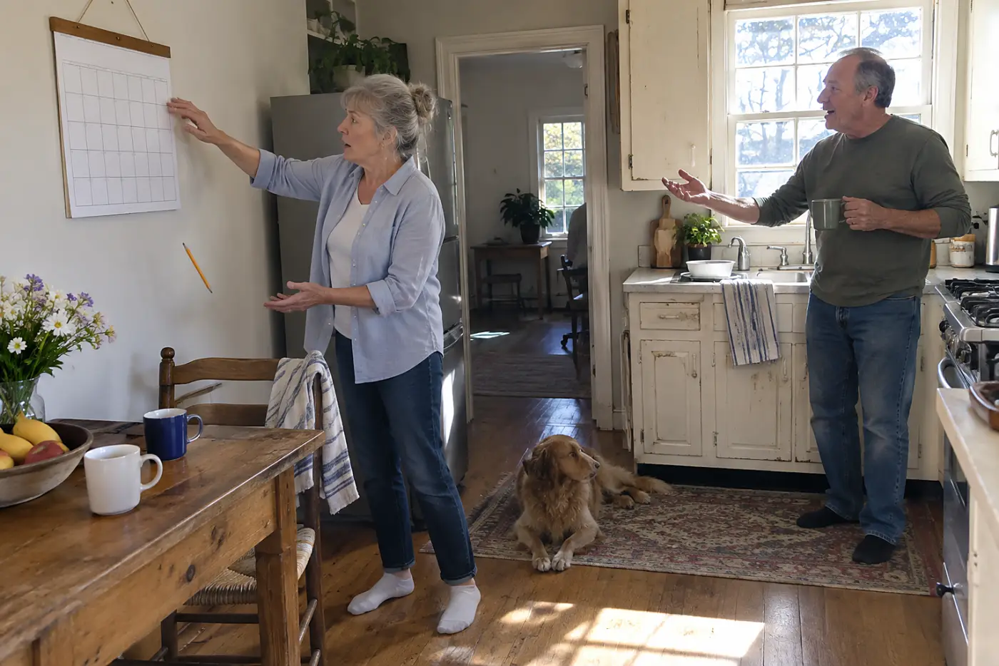 Older woman entering an insurance renewal date on a wall calendar in her kitchen.