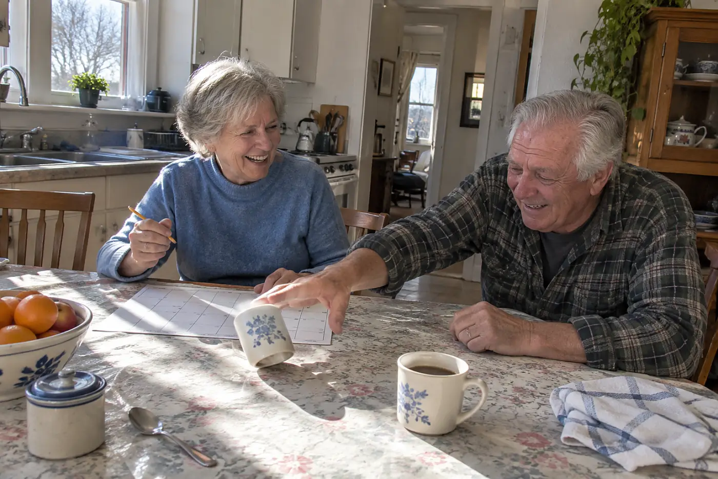 Older woman marking deposit and bill dates on a calendar at her kitchen table.