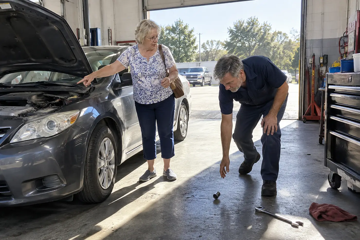 Older woman speaking with a mechanic beside her car in a repair shop.
