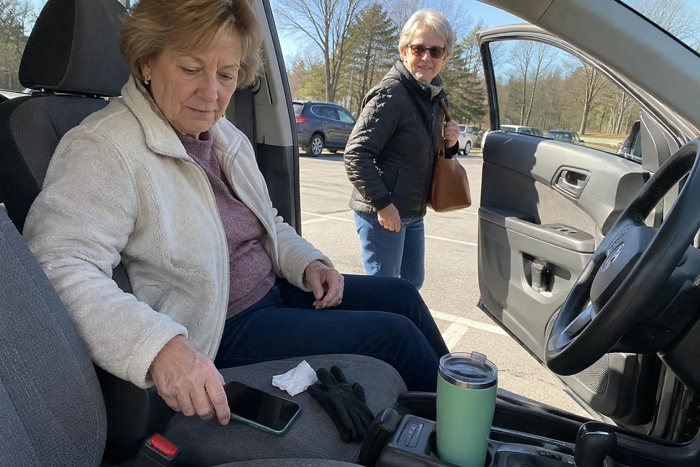 Older woman checking a grocery receipt beside her phone in a parked car.
