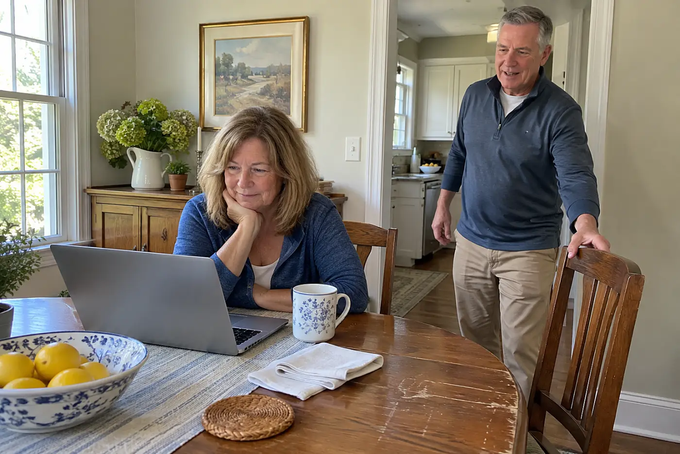Older woman checking a mortgage payment on a laptop at her dining table.