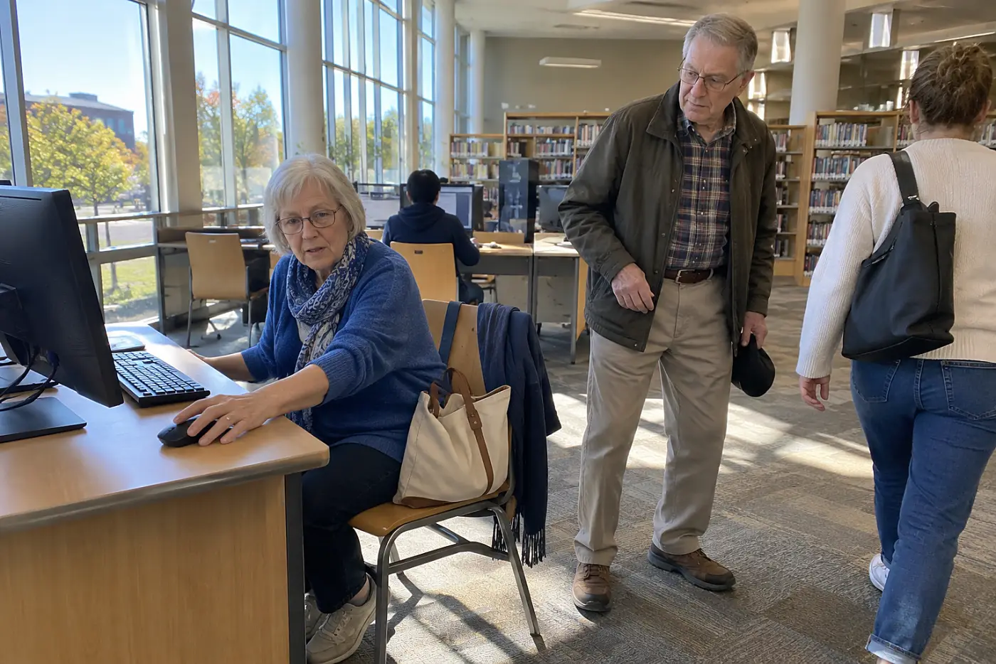 Older woman filling out a benefits search on a library computer.