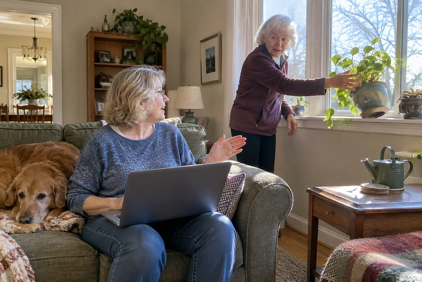 Older woman reviewing her earnings record on a laptop at home.