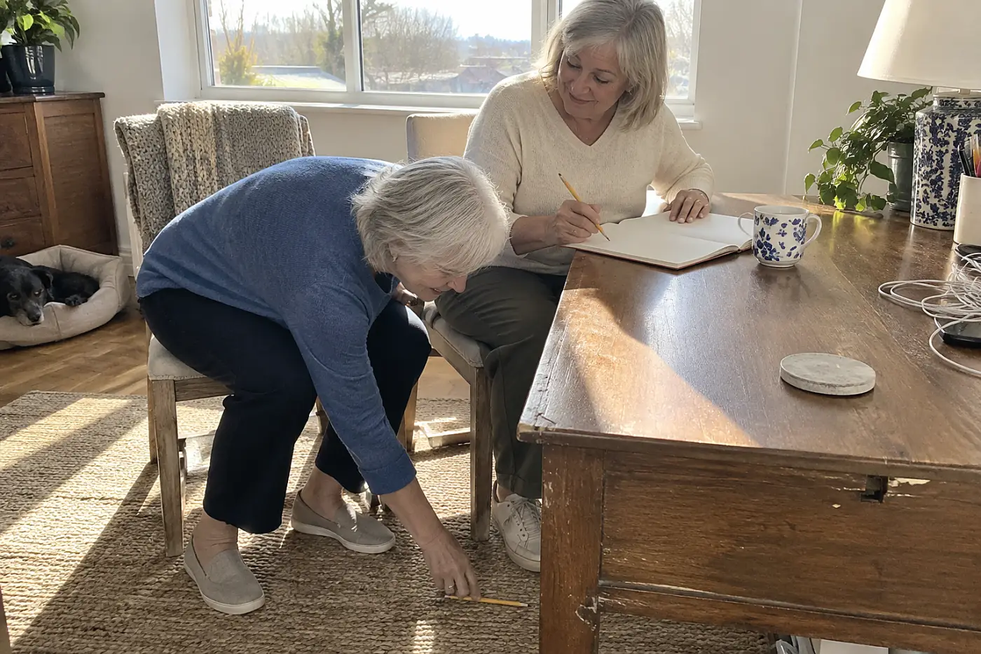 Older woman writing a planned refund expense in a notebook at her desk.
