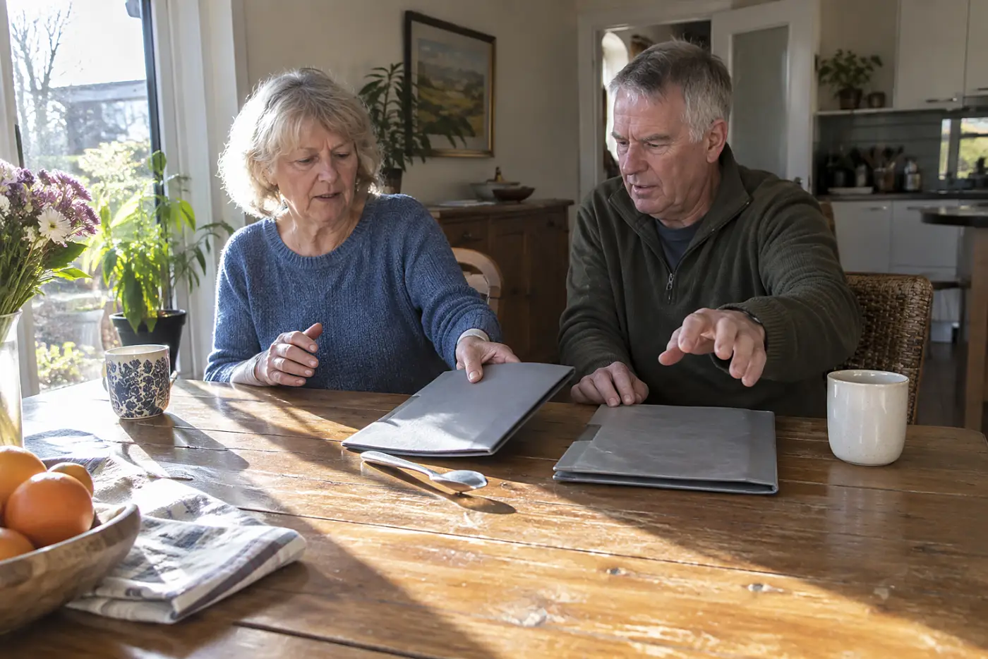 Older woman reviewing shared household bills with her partner at the dining table.