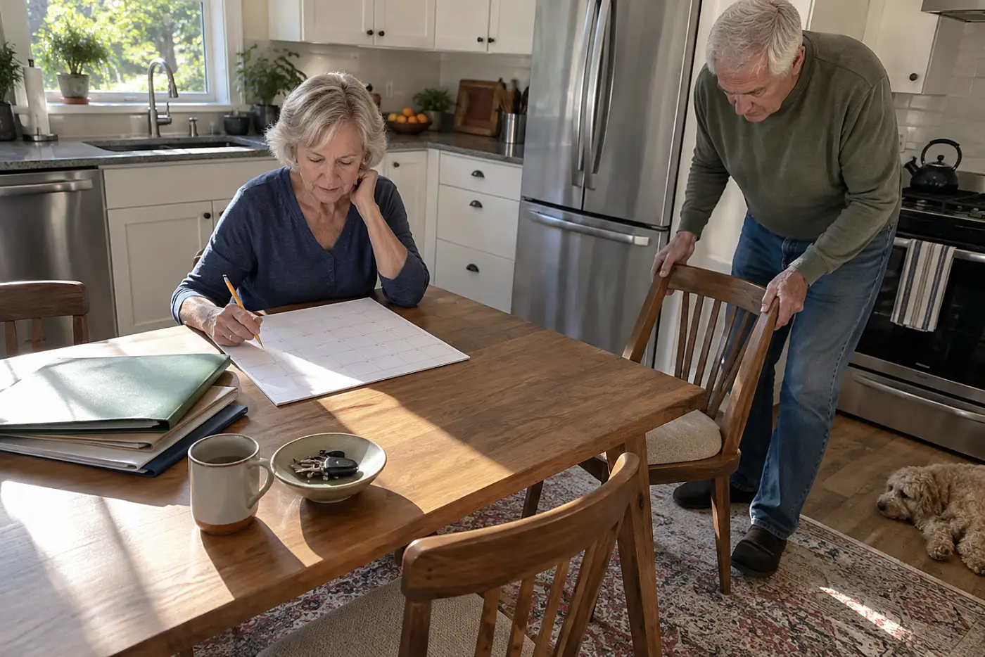 Older woman writing debt due dates on a calendar beside household bills.