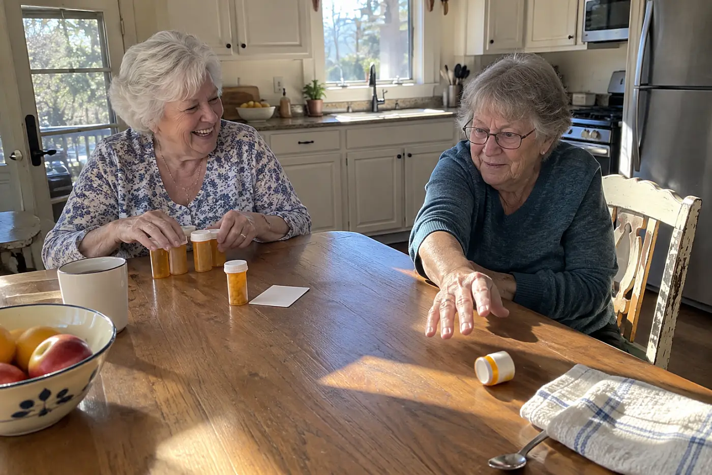 Older woman arranging prescription bottles beside her plan card on a kitchen table.