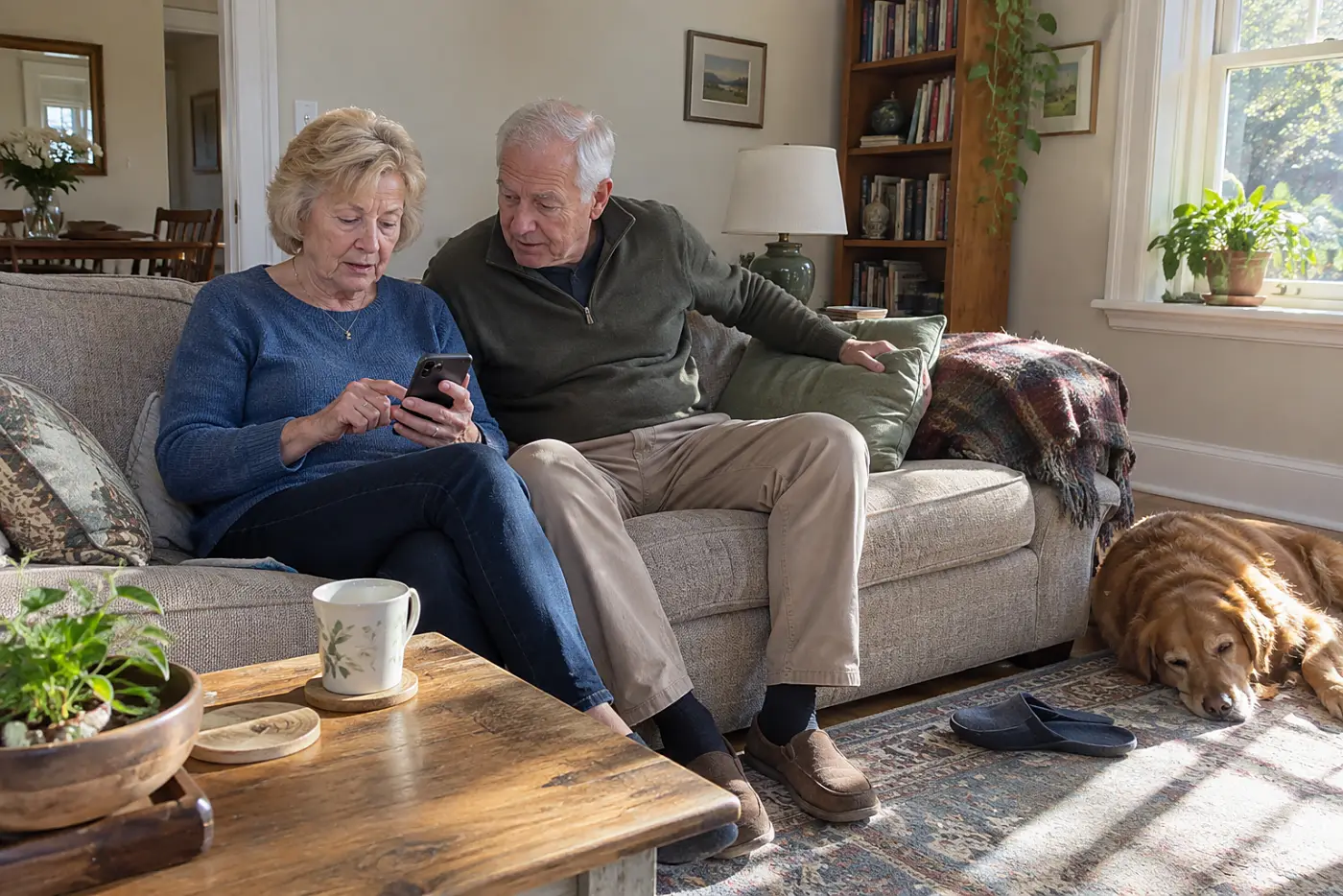 Older woman checking recurring charges on her phone while seated on her sofa.