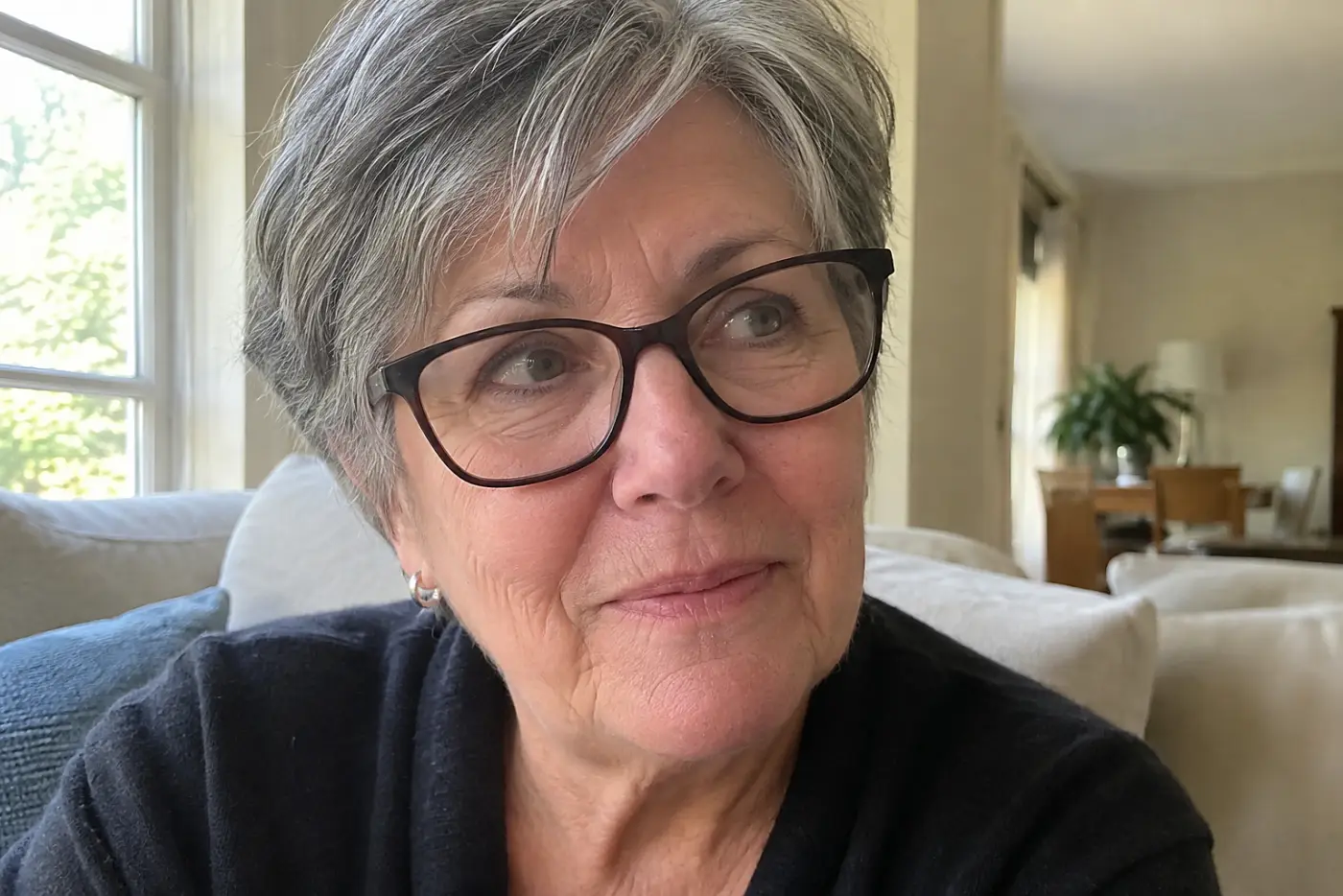A thick dark lower rim sits in the middle of a daylight portrait of a woman in her sixties seated at home.