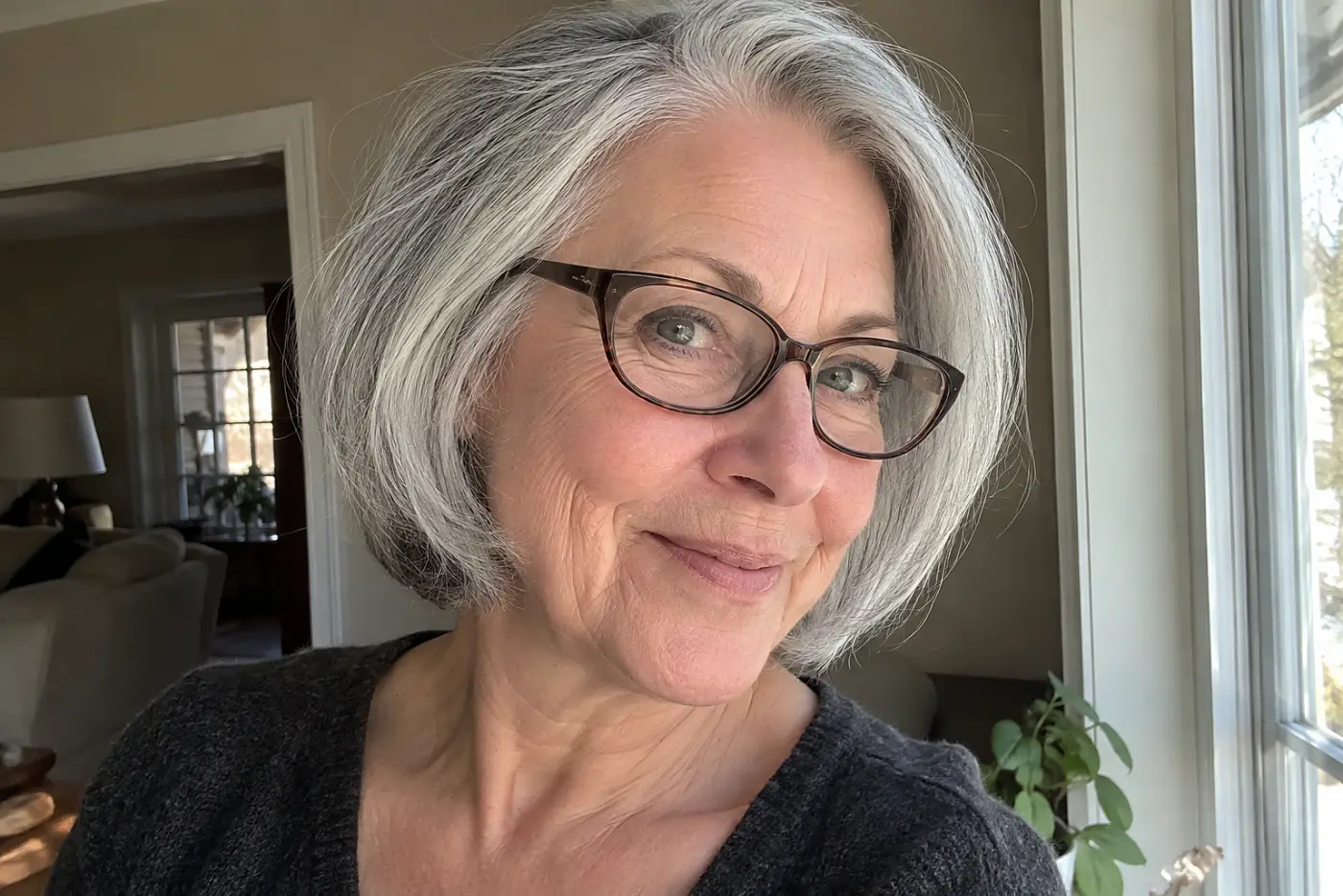 Glasses with downward-pointing outer corners sit in the middle of a candid portrait of a woman in her sixties by her front window.