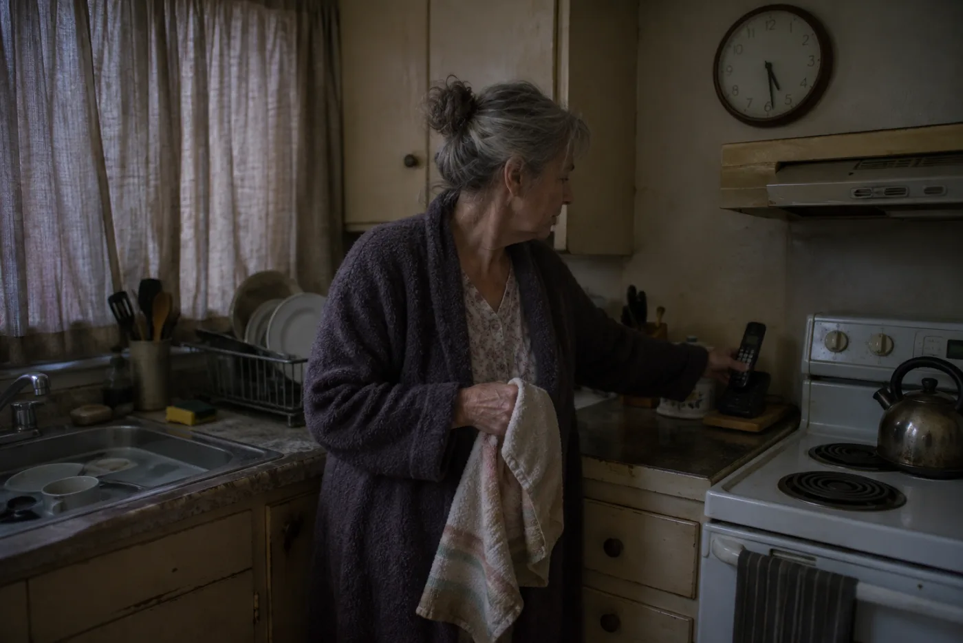 Woman drying hands before answering phone early morning with dishes soaking behind her