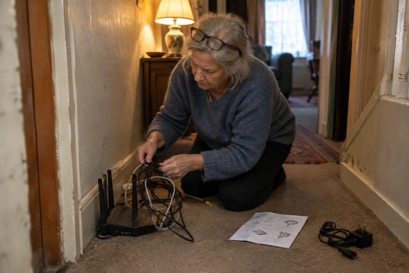 Woman kneeling on floor untangling router cables with instructions beside her