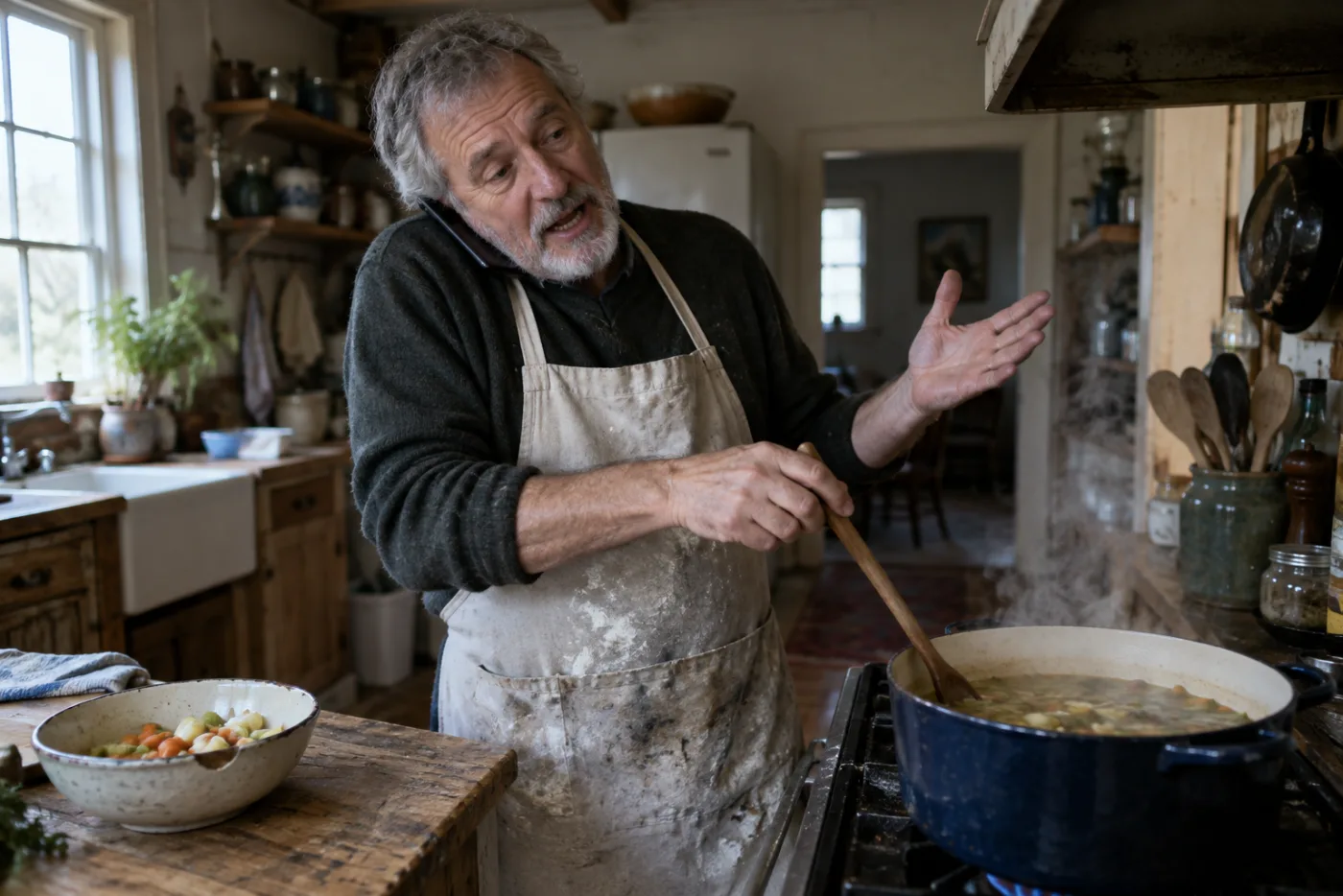 Man gesturing with wooden spoon while on phone and stirring soup on the stove