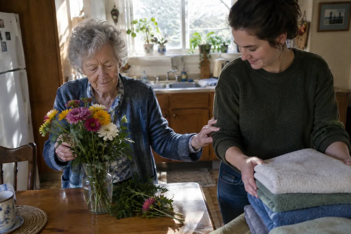 Woman arranging flowers and thanking a helper stacking towels in the kitchen