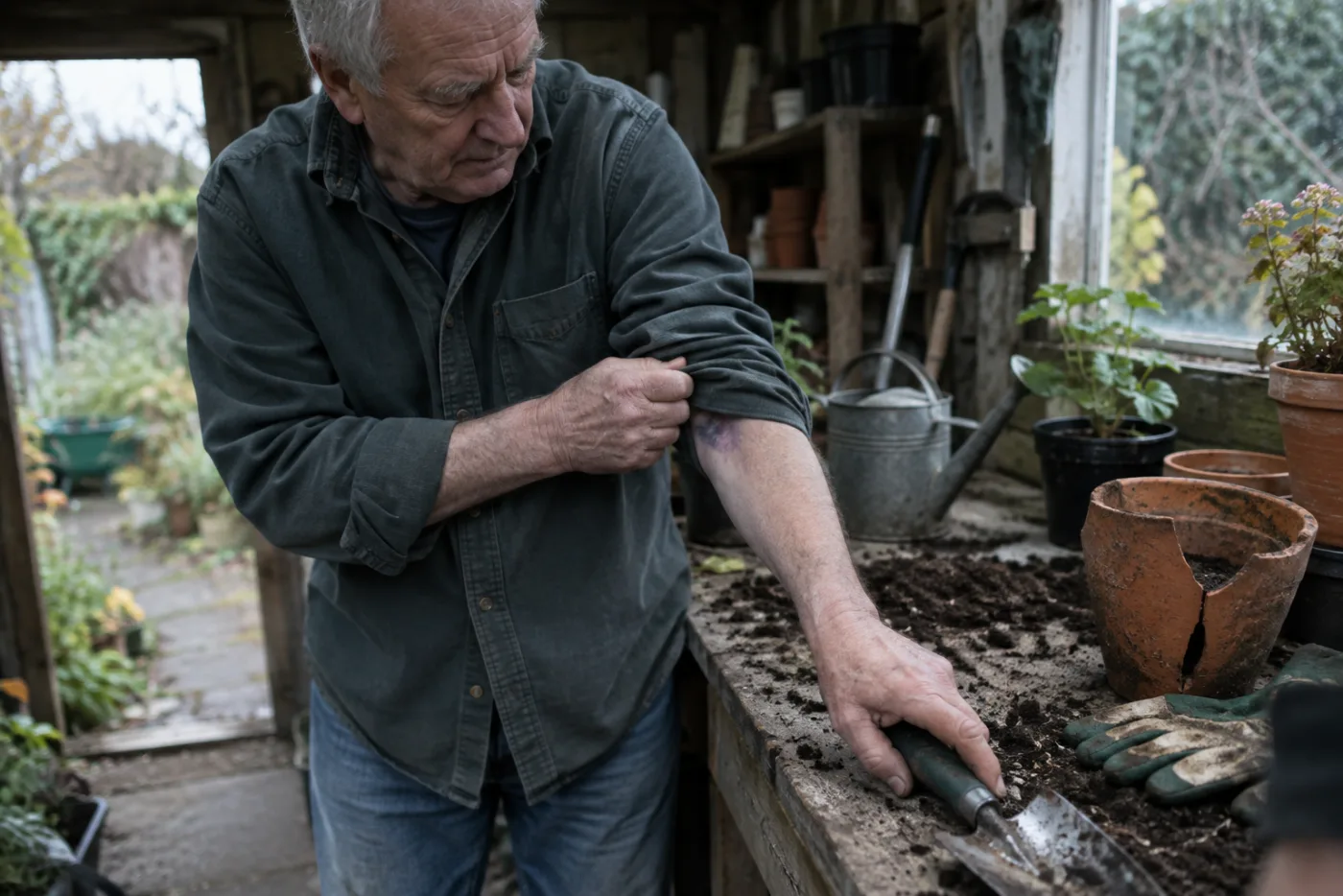 Man covering a bruise on his arm while reaching for a garden trowel
