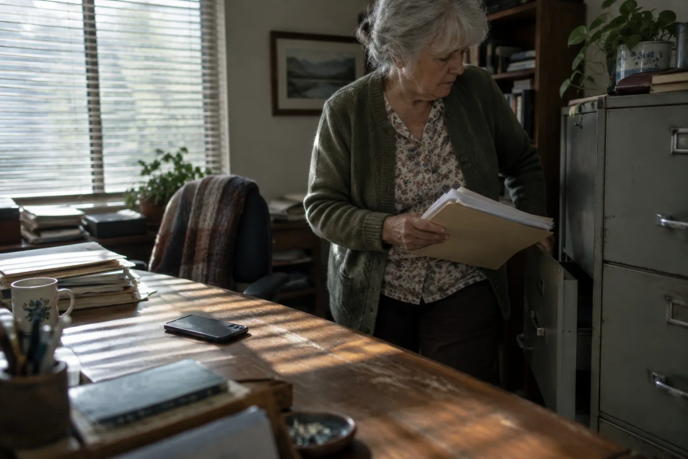 Woman closing filing cabinet drawer with medical papers, phone face-down nearby