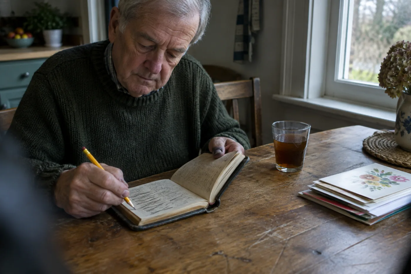 Man crossing out an old friend's name in a worn address book at the table